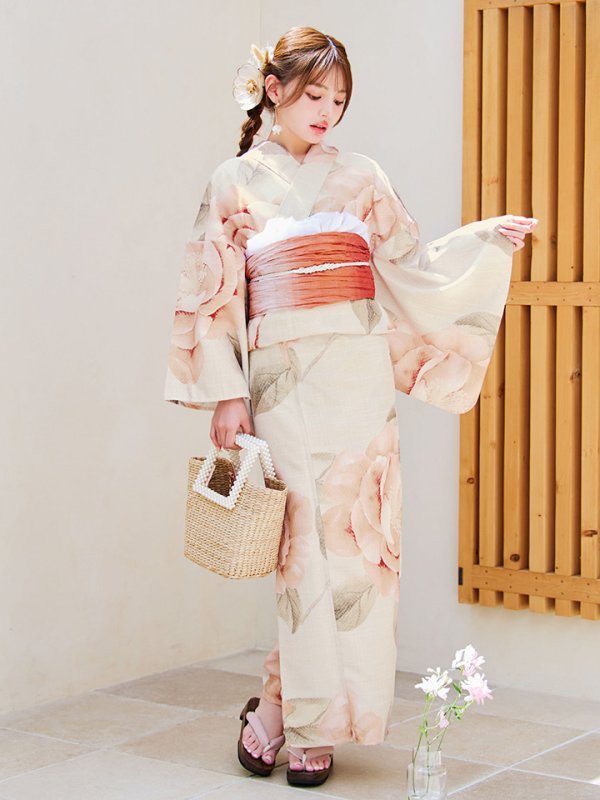 画像4: 【即日発送】ピンクベージュ牡丹浴衣【浴衣３点セット 浴衣/帯/下駄】[YMT] (4)