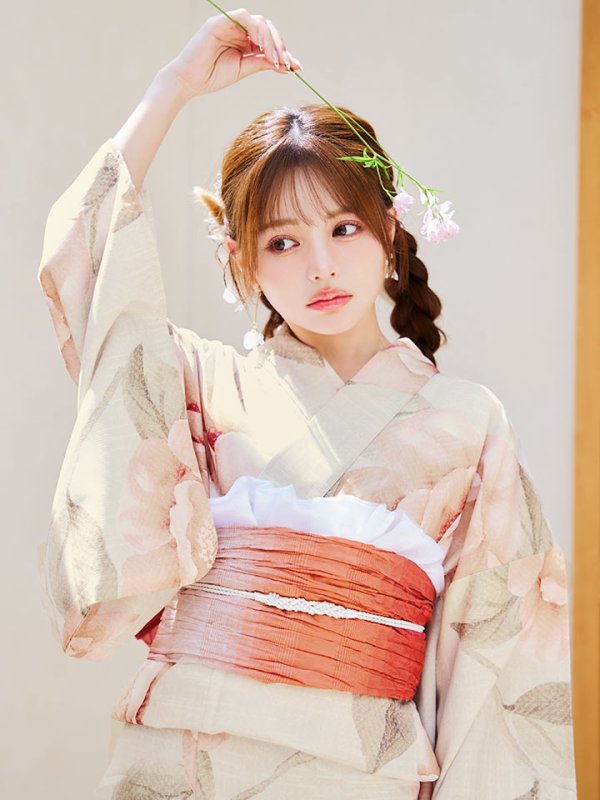 画像7: 【即日発送】ピンクベージュ牡丹浴衣【浴衣３点セット 浴衣/帯/下駄】[YMT] (7)