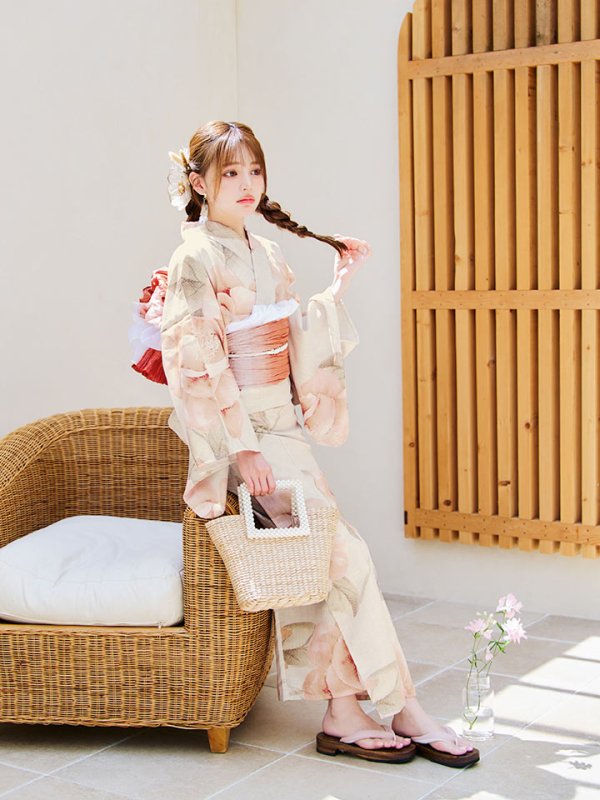 画像8: 【即日発送】ピンクベージュ牡丹浴衣【浴衣３点セット 浴衣/帯/下駄】[YMT] (8)