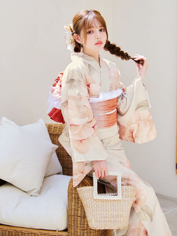 画像12: 【即日発送】ピンクベージュ牡丹浴衣【浴衣３点セット 浴衣/帯/下駄】[YMT] (12)