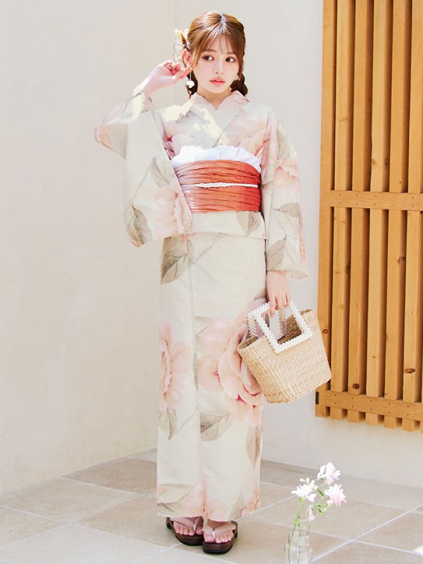 画像13: 【即日発送】ピンクベージュ牡丹浴衣【浴衣３点セット 浴衣/帯/下駄】[YMT] (13)