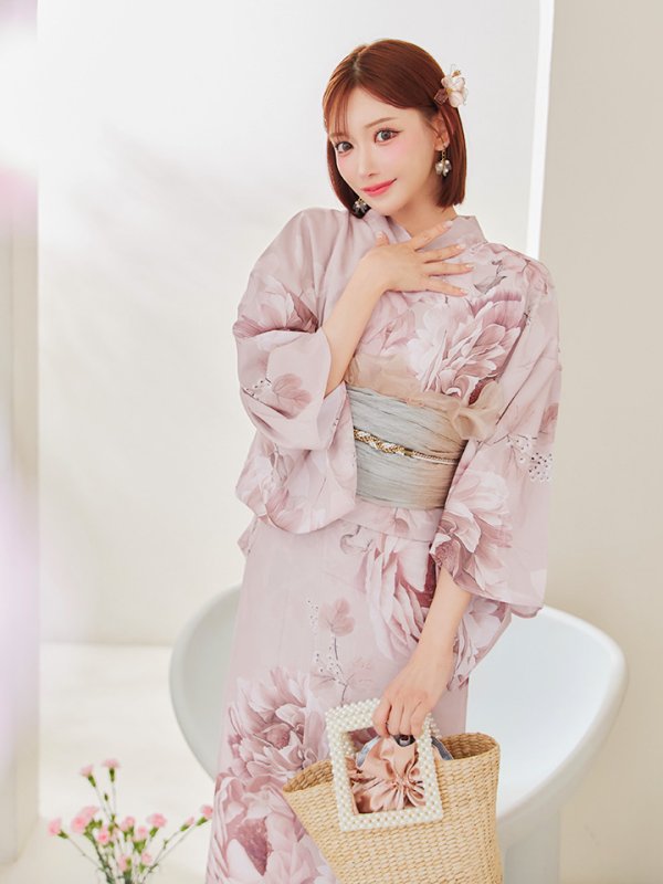 画像12: 【即日発送】くすみピンクアンティークフラワー浴衣【浴衣３点セット 浴衣/帯/下駄】[YMT] (12)