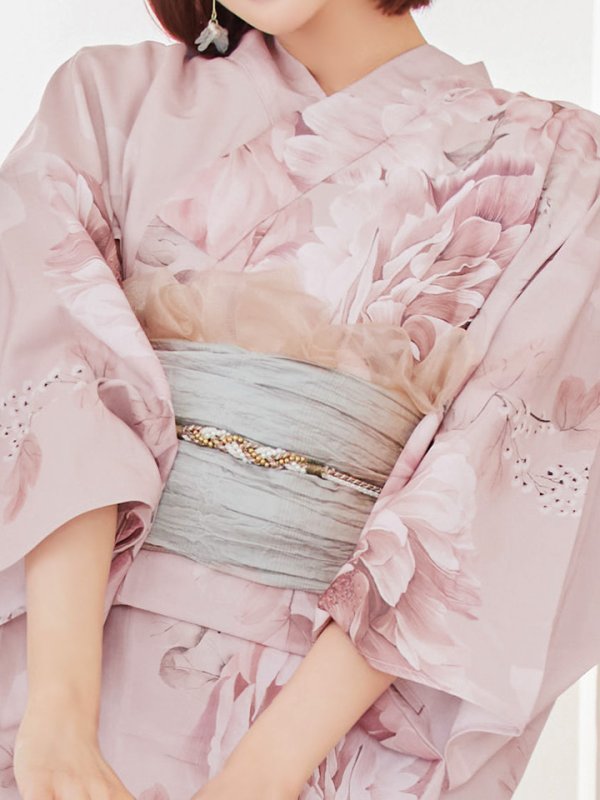画像14: 【即日発送】くすみピンクアンティークフラワー浴衣【浴衣３点セット 浴衣/帯/下駄】[YMT] (14)