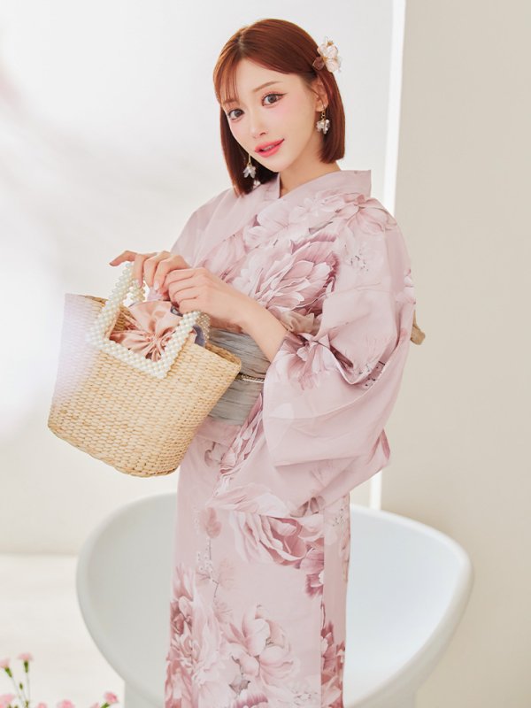 画像3: 【即日発送】くすみピンクアンティークフラワー浴衣【浴衣３点セット 浴衣/帯/下駄】[YMT] (3)