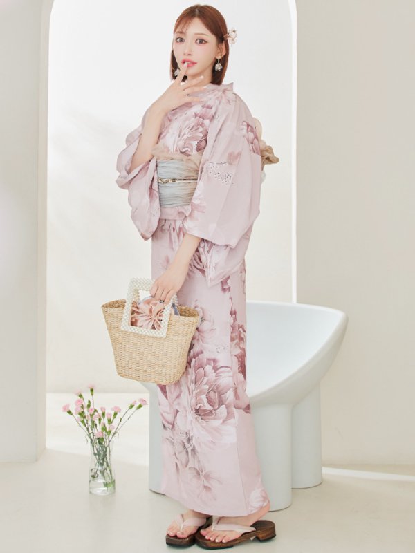 画像5: 【即日発送】くすみピンクアンティークフラワー浴衣【浴衣３点セット 浴衣/帯/下駄】[YMT] (5)