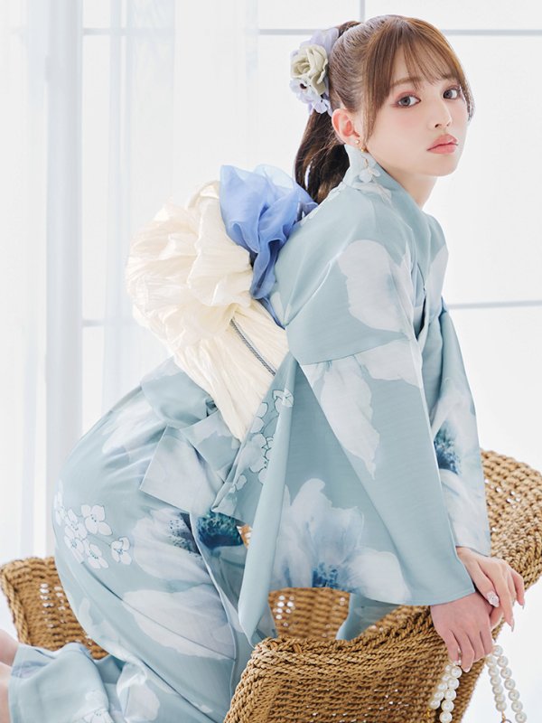 画像13: 【即日発送】ブルーホワイトフラワー柄浴衣【浴衣３点セット 浴衣/帯/下駄】[YMT] (13)