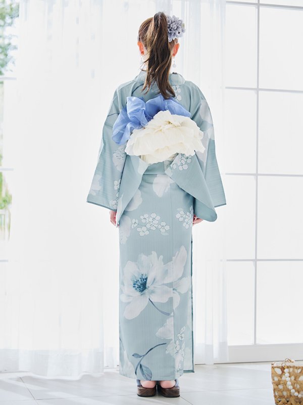 画像14: 【即日発送】ブルーホワイトフラワー柄浴衣【浴衣３点セット 浴衣/帯/下駄】[YMT] (14)