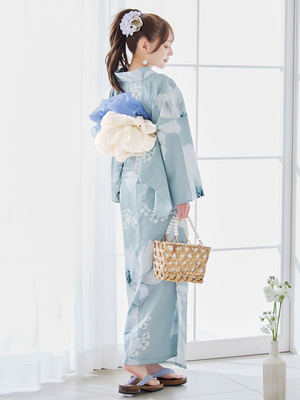 画像3: 【即日発送】ブルーホワイトフラワー柄浴衣【浴衣３点セット 浴衣/帯/下駄】[YMT] (3)
