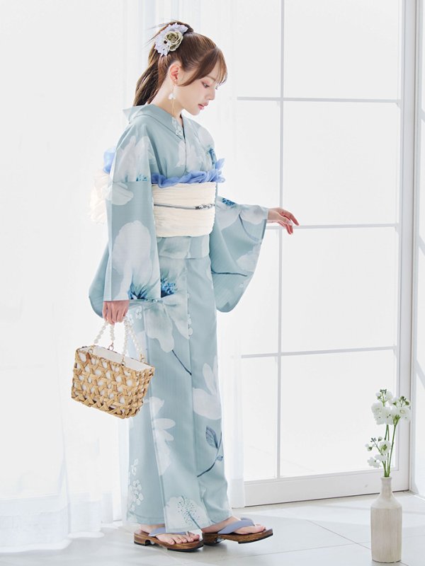 画像7: 【即日発送】ブルーホワイトフラワー柄浴衣【浴衣３点セット 浴衣/帯/下駄】[YMT] (7)