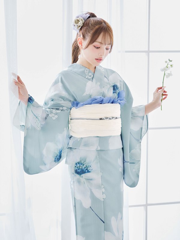 画像8: 【即日発送】ブルーホワイトフラワー柄浴衣【浴衣３点セット 浴衣/帯/下駄】[YMT] (8)