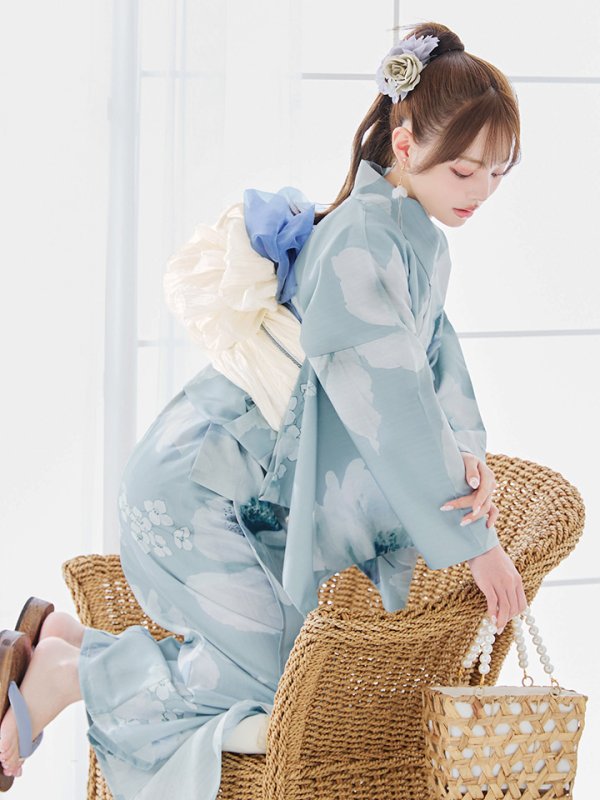 画像9: 【即日発送】ブルーホワイトフラワー柄浴衣【浴衣３点セット 浴衣/帯/下駄】[YMT] (9)