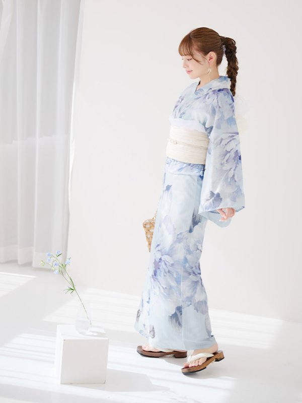 画像45: 【即日発送】アイスブルー牡丹浴衣【浴衣３点セット 浴衣/帯/下駄】[YMT] (45)