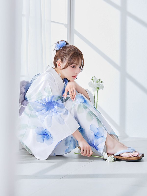 画像14: 【即日発送】水彩ガーベラ柄浴衣【浴衣３点セット 浴衣/帯/下駄】[YMT] (14)