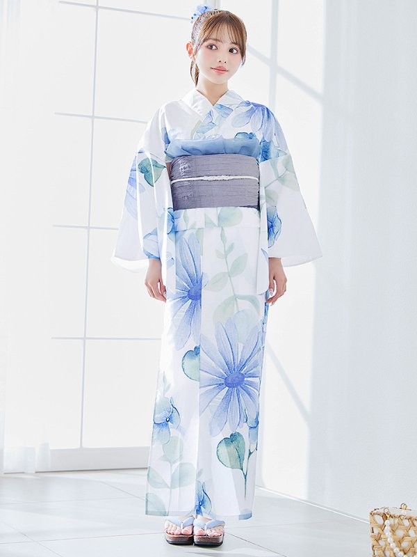 画像4: 【即日発送】水彩ガーベラ柄浴衣【浴衣３点セット 浴衣/帯/下駄】[YMT] (4)