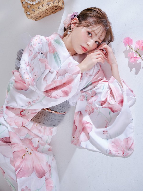 画像1: 【予約 / 5月中旬発送予定】ニュアンスピンク水彩朝顔浴衣 OBI-g-500-kj-7-GYGE / HIMO-900-yn-8-P / HEKO-800-sb-5-W / YA-924-cm-PBE / YA-1081-kj-WPG / GETA-01-kj-7-P / [y/YMT] (1)