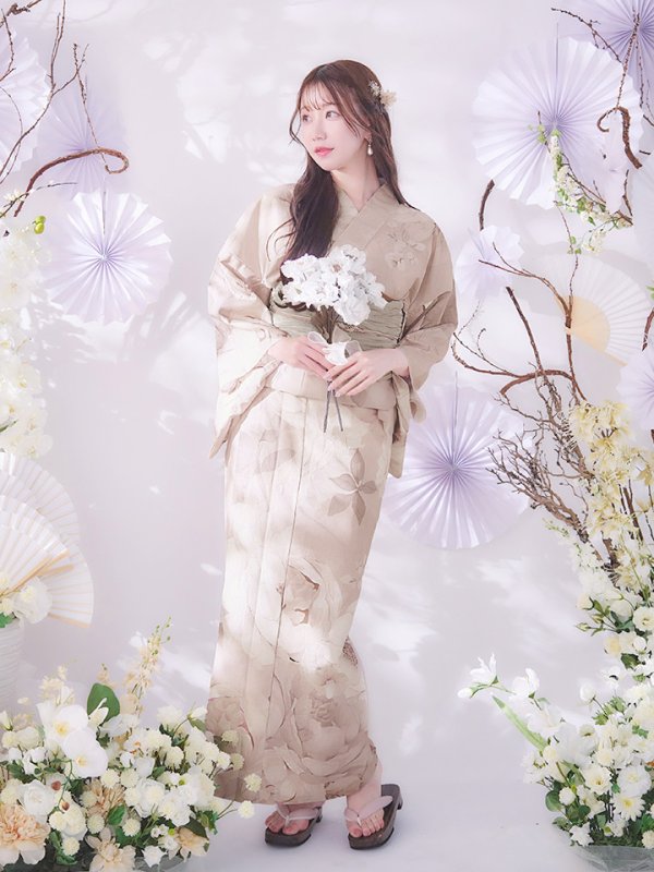 画像2: 【即日発送】ベージュフラワー浴衣【浴衣３点セット 浴衣/帯/下駄】[OF04] (2)