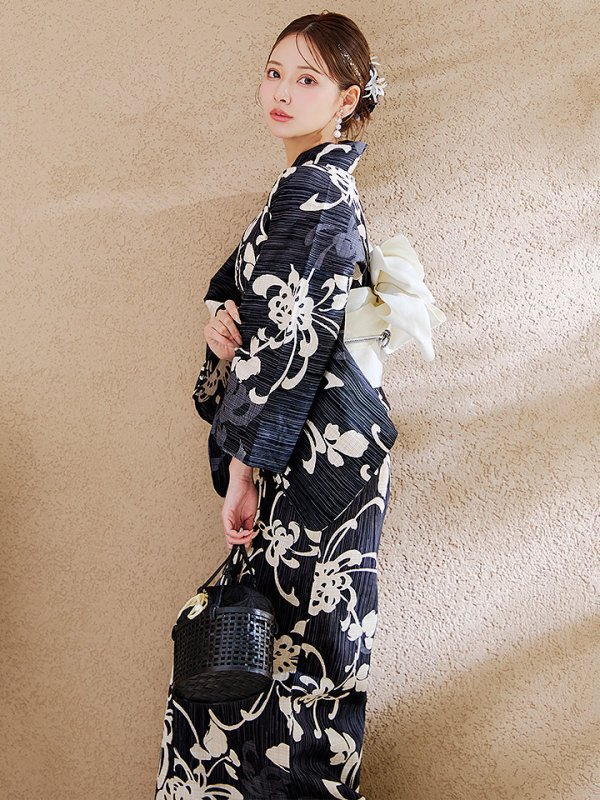 画像10: 【即日発送】黒地ストライプ彼岸花浴衣 【浴衣３点セット 浴衣/帯/下駄】[y/YMT] (10)