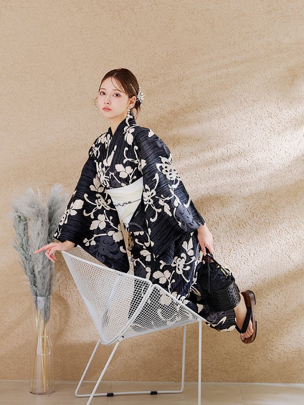 画像13: 【即日発送】黒地ストライプ彼岸花浴衣 【浴衣３点セット 浴衣/帯/下駄】[y/YMT] (13)