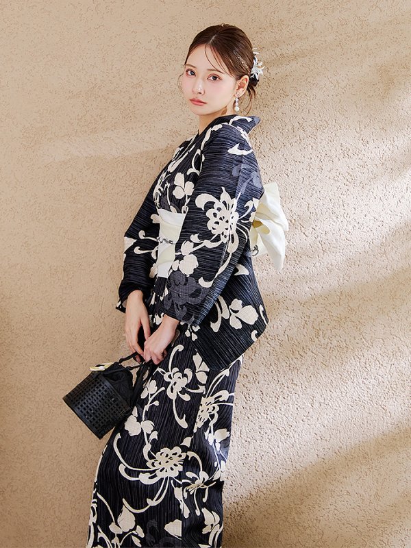 画像9: 【即日発送】黒地ストライプ彼岸花浴衣 【浴衣３点セット 浴衣/帯/下駄】[y/YMT] (9)