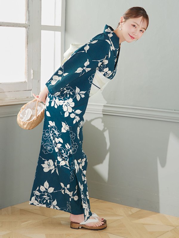 画像10: 【即日発送】藍色椿桜柄浴衣【浴衣３点セット 浴衣/帯/下駄】[YMT] (10)