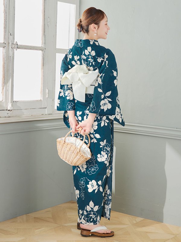 画像11: 【即日発送】藍色椿桜柄浴衣【浴衣３点セット 浴衣/帯/下駄】[YMT] (11)