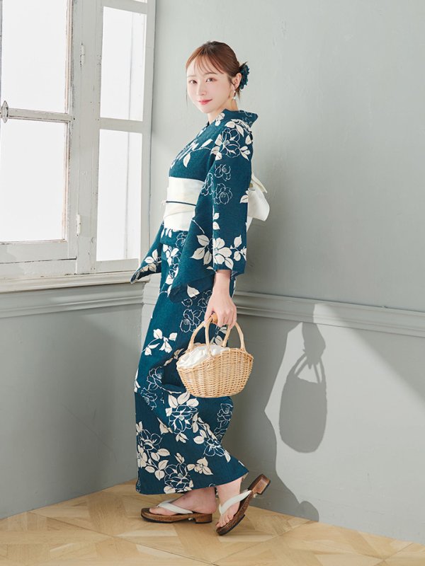 画像12: 【即日発送】藍色椿桜柄浴衣【浴衣３点セット 浴衣/帯/下駄】[YMT] (12)