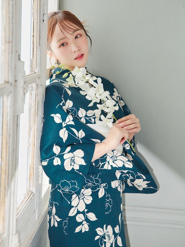 画像13: 【即日発送】藍色椿桜柄浴衣【浴衣３点セット 浴衣/帯/下駄】[YMT] (13)