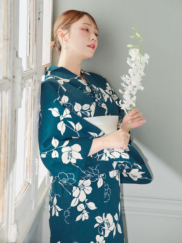 画像14: 【即日発送】藍色椿桜柄浴衣【浴衣３点セット 浴衣/帯/下駄】[YMT] (14)