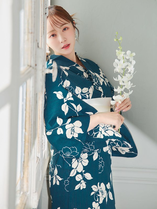 画像15: 【即日発送】藍色椿桜柄浴衣【浴衣３点セット 浴衣/帯/下駄】[YMT] (15)