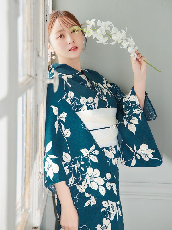 画像16: 【即日発送】藍色椿桜柄浴衣【浴衣３点セット 浴衣/帯/下駄】[YMT] (16)