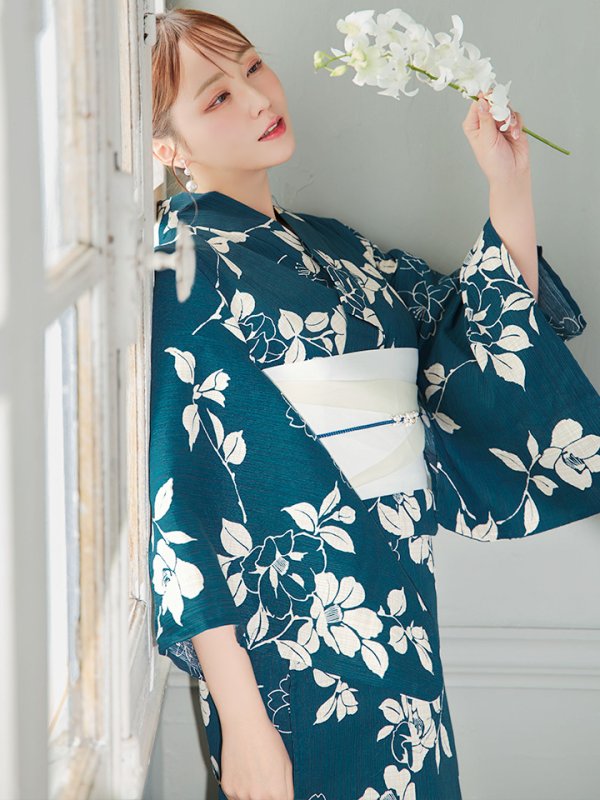 画像2: 【即日発送】藍色椿桜柄浴衣【浴衣３点セット 浴衣/帯/下駄】[YMT] (2)