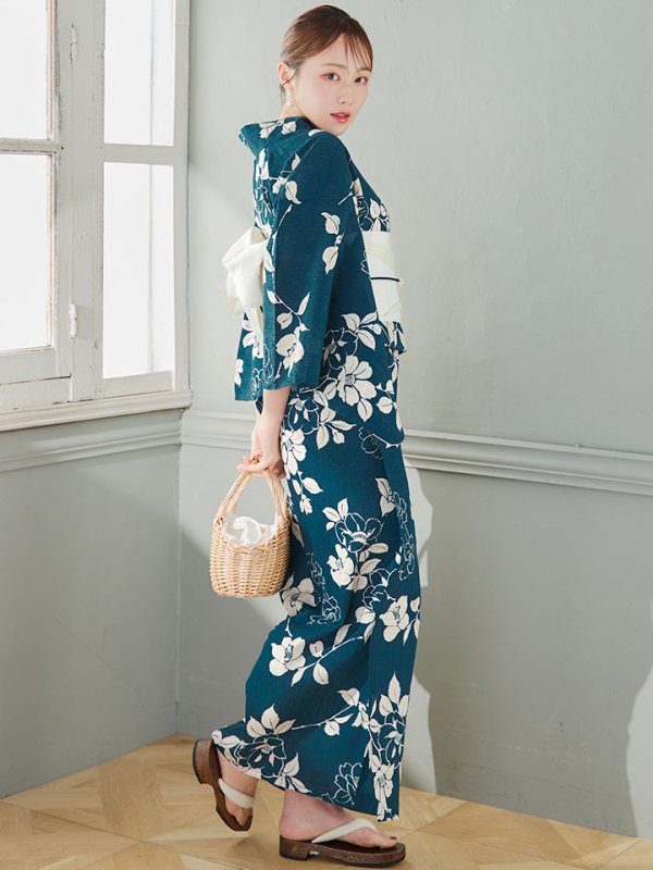 画像3: 【即日発送】藍色椿桜柄浴衣【浴衣３点セット 浴衣/帯/下駄】[YMT] (3)