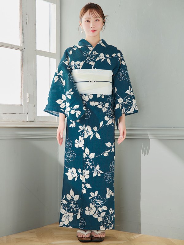 画像4: 【即日発送】藍色椿桜柄浴衣【浴衣３点セット 浴衣/帯/下駄】[YMT] (4)