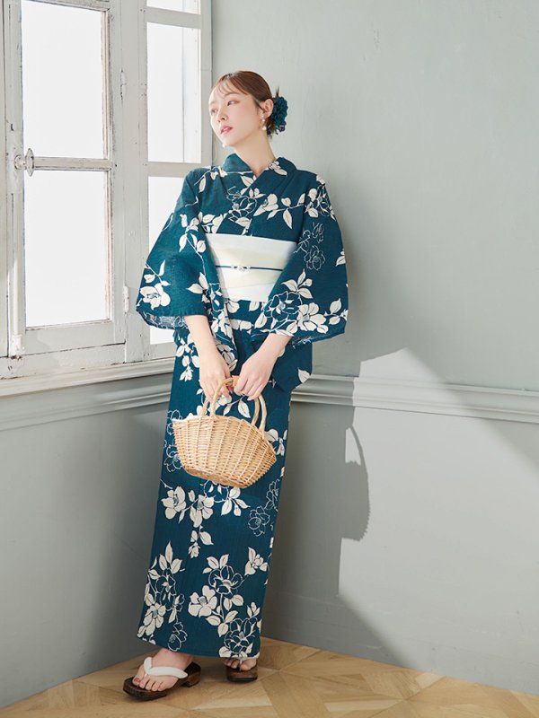 画像5: 【即日発送】藍色椿桜柄浴衣【浴衣３点セット 浴衣/帯/下駄】[YMT] (5)