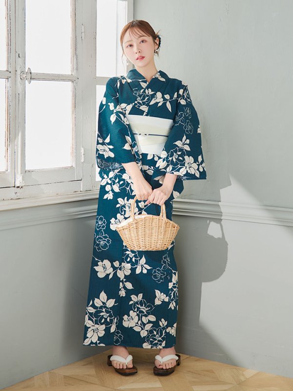 画像7: 【即日発送】藍色椿桜柄浴衣【浴衣３点セット 浴衣/帯/下駄】[YMT] (7)