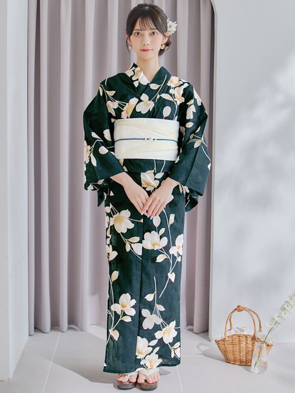 画像4: 【即日発送】花薫る深緑浴衣【浴衣３点セット 浴衣/帯/下駄】[YMT] (4)