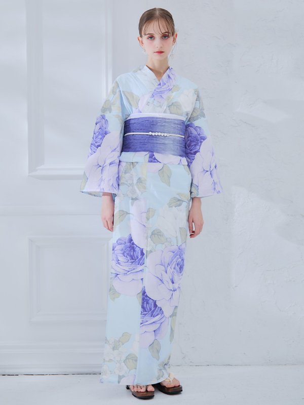 画像4: 【即日発送】アンティークブルーローズ浴衣【浴衣３点セット 浴衣/帯/下駄】[YMT] (4)