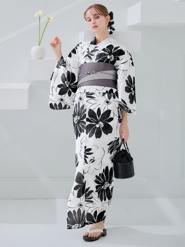 画像37: 【即日発送】モノトーンフラワーレトロモダン浴衣【浴衣３点セット 浴衣/帯/下駄】[YMT] (37)