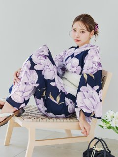ライラック牡丹ネイビー浴衣 