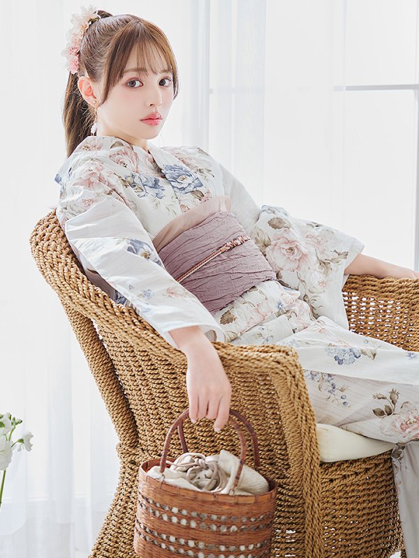 画像2: 【即日発送】フローラルピンクブルー浴衣【浴衣３点セット 浴衣/帯/下駄】[YMT] (2)