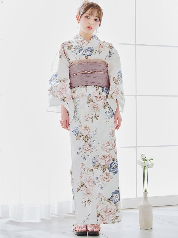 画像4: 【即日発送】フローラルピンクブルー浴衣【浴衣３点セット 浴衣/帯/下駄】[YMT] (4)