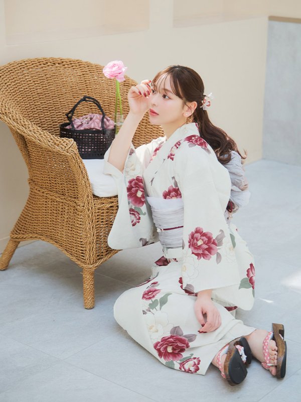 画像10: 【即日発送】白紅椿柄浴衣【浴衣３点セット 浴衣/帯/下駄】[YMT] (10)