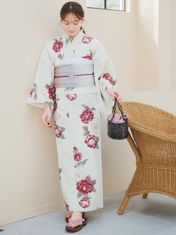 画像12: 【即日発送】白紅椿柄浴衣【浴衣３点セット 浴衣/帯/下駄】[YMT] (12)