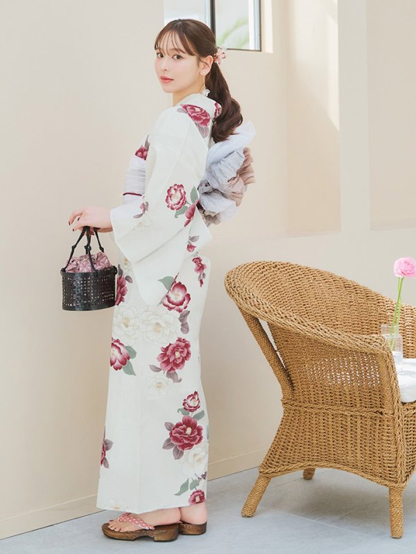 画像13: 【即日発送】白紅椿柄浴衣【浴衣３点セット 浴衣/帯/下駄】[YMT] (13)