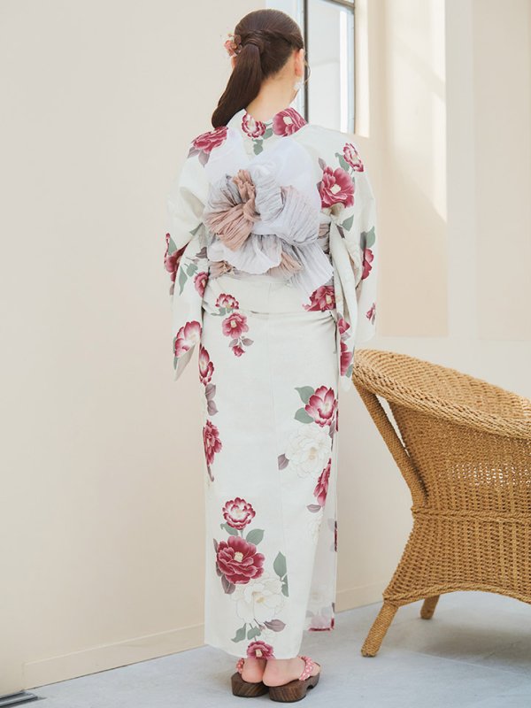 画像15: 【即日発送】白紅椿柄浴衣【浴衣３点セット 浴衣/帯/下駄】[YMT] (15)