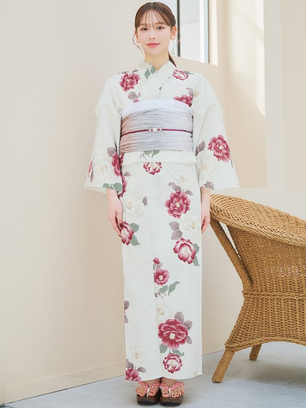 画像4: 【即日発送】白紅椿柄浴衣【浴衣３点セット 浴衣/帯/下駄】[YMT] (4)
