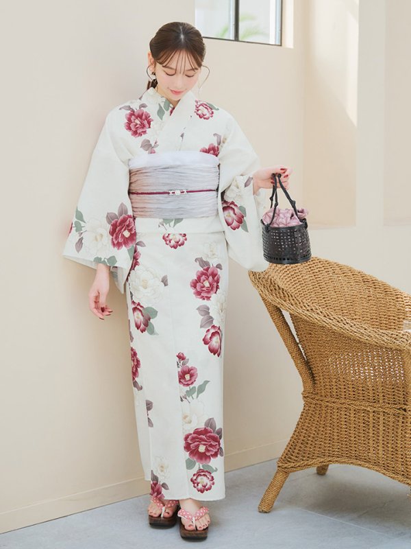 画像8: 【即日発送】白紅椿柄浴衣【浴衣３点セット 浴衣/帯/下駄】[YMT] (8)