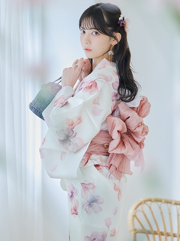 画像1: 【予約 / 5月下旬発送予定】水彩ピンクパープル花柄浴衣 OBI-siwa-200-kj-8-P / HIMO-900-yn-8-P / HEKO-800-sb-5-W / YA-1016-kj-P / GETA-02-ok-8-RoseP / [y/OF01] (1)