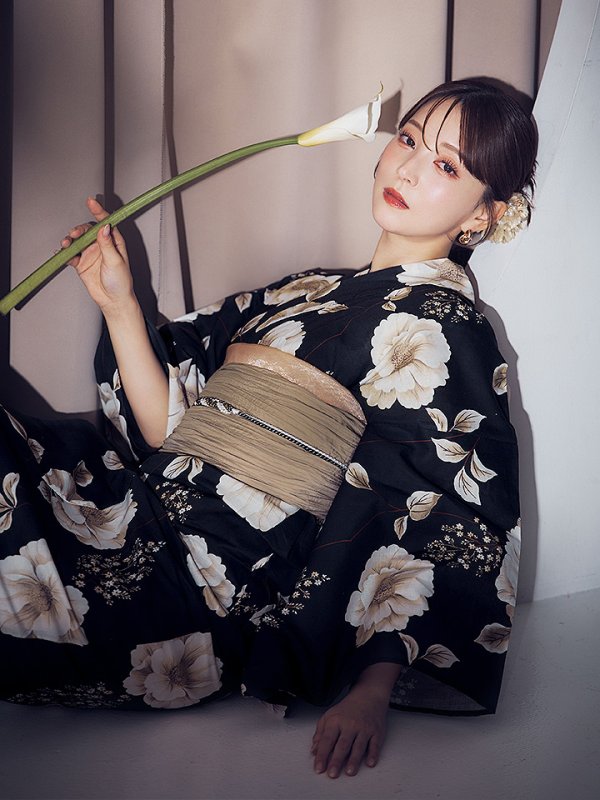 画像13: 【即日発送】ピオニーブラック花柄浴衣【浴衣３点セット 浴衣/帯/下駄】[YMT] (13)