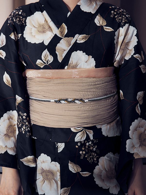 画像16: 【即日発送】ピオニーブラック花柄浴衣【浴衣３点セット 浴衣/帯/下駄】[YMT] (16)